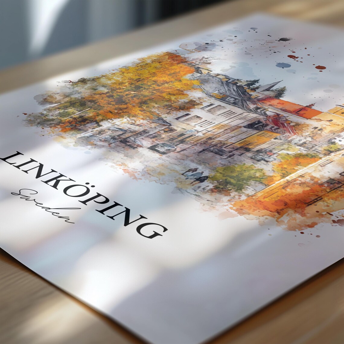 Linkoping Sweden Autumn Old Town Street Watercolor Travel Poster - Image 6