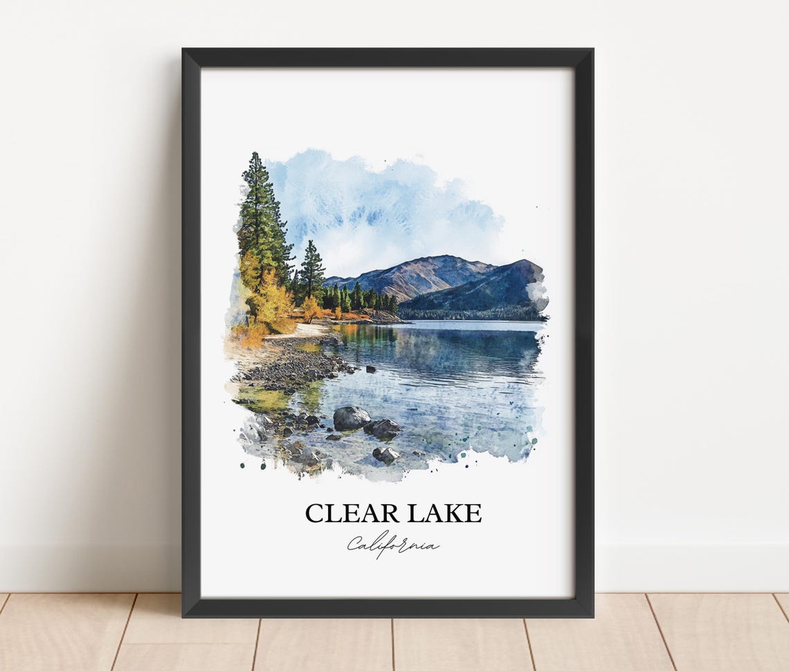 Clear Lake California Rocky Shoreline Watercolor Lake Landscape Poster - Image 4