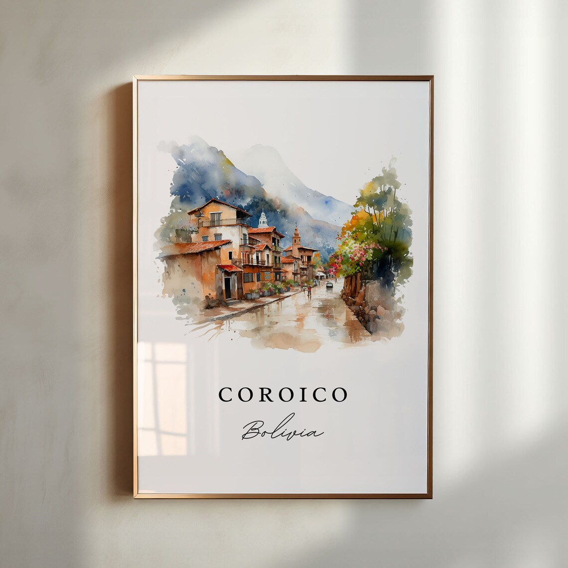 Coroico Bolivia Colonial Street Red Roofs Mountain Watercolor Poster