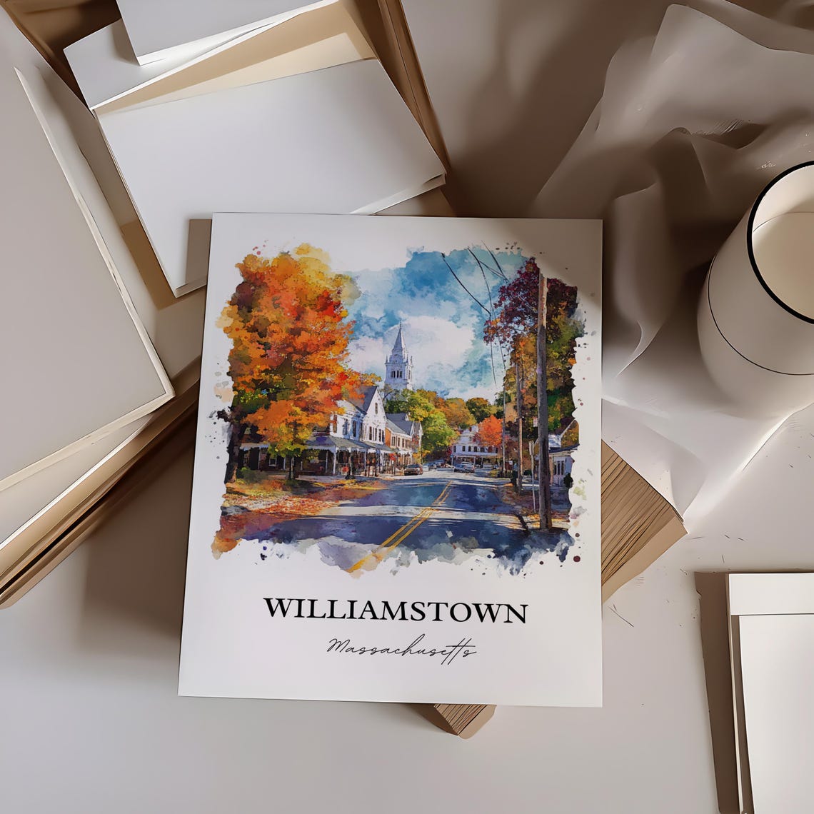 Williamstown Massachusetts Watercolor Autumn Town Scene Poster - Image 3