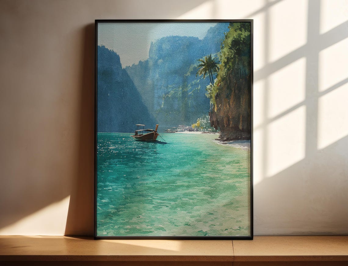 Koh Phi Phi Thailand Longtail Boat Turquoise Lagoon Watercolor Print