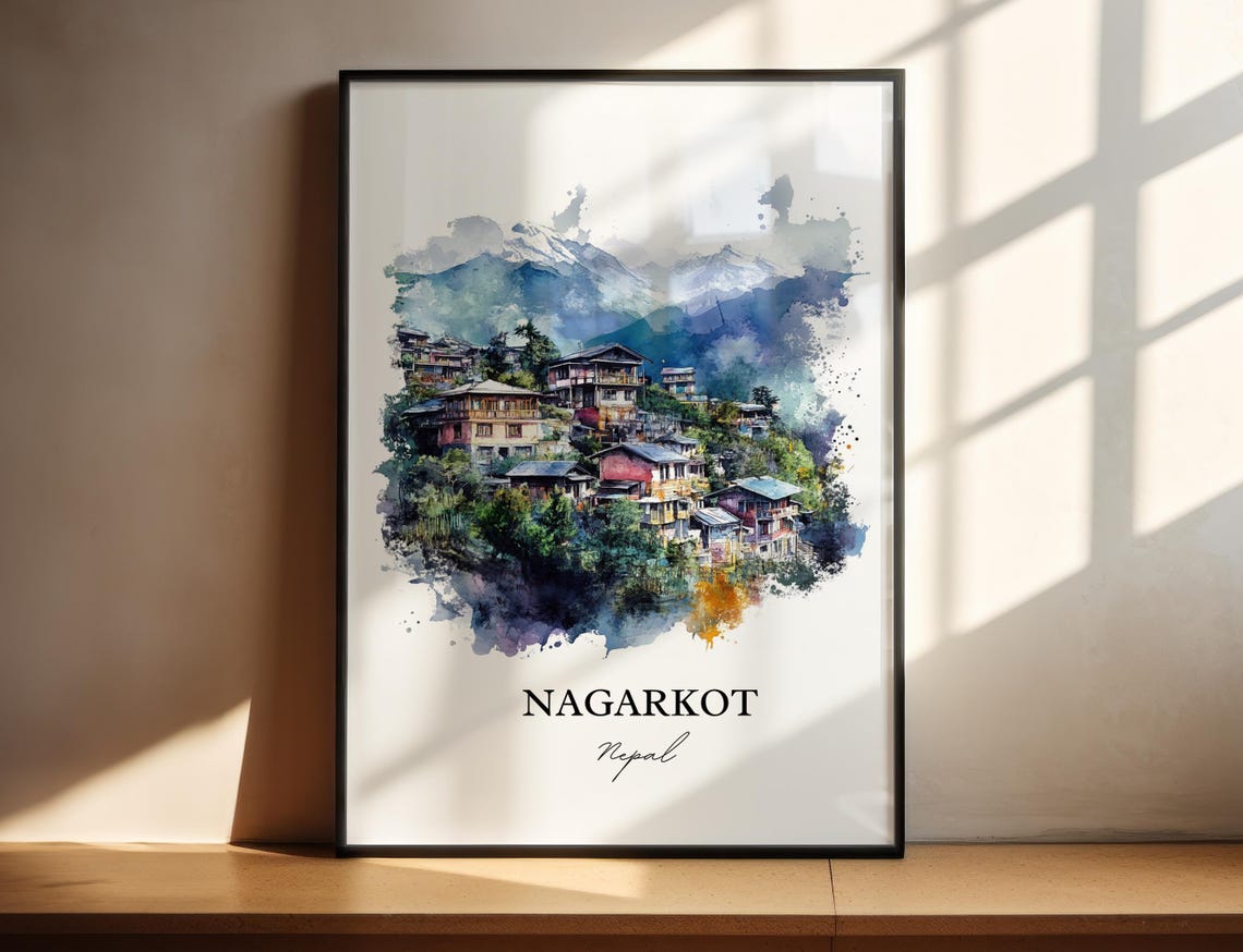 Nagarkot Nepal Watercolor Hill Village Snow Peaks Travel Poster