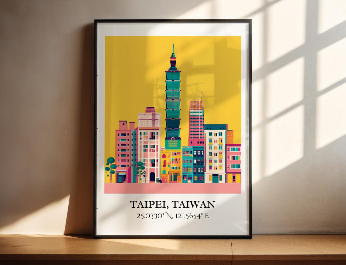 Taipei Taiwan Iconic 101 Tower Mustard Sky Retro Travel Art Poster