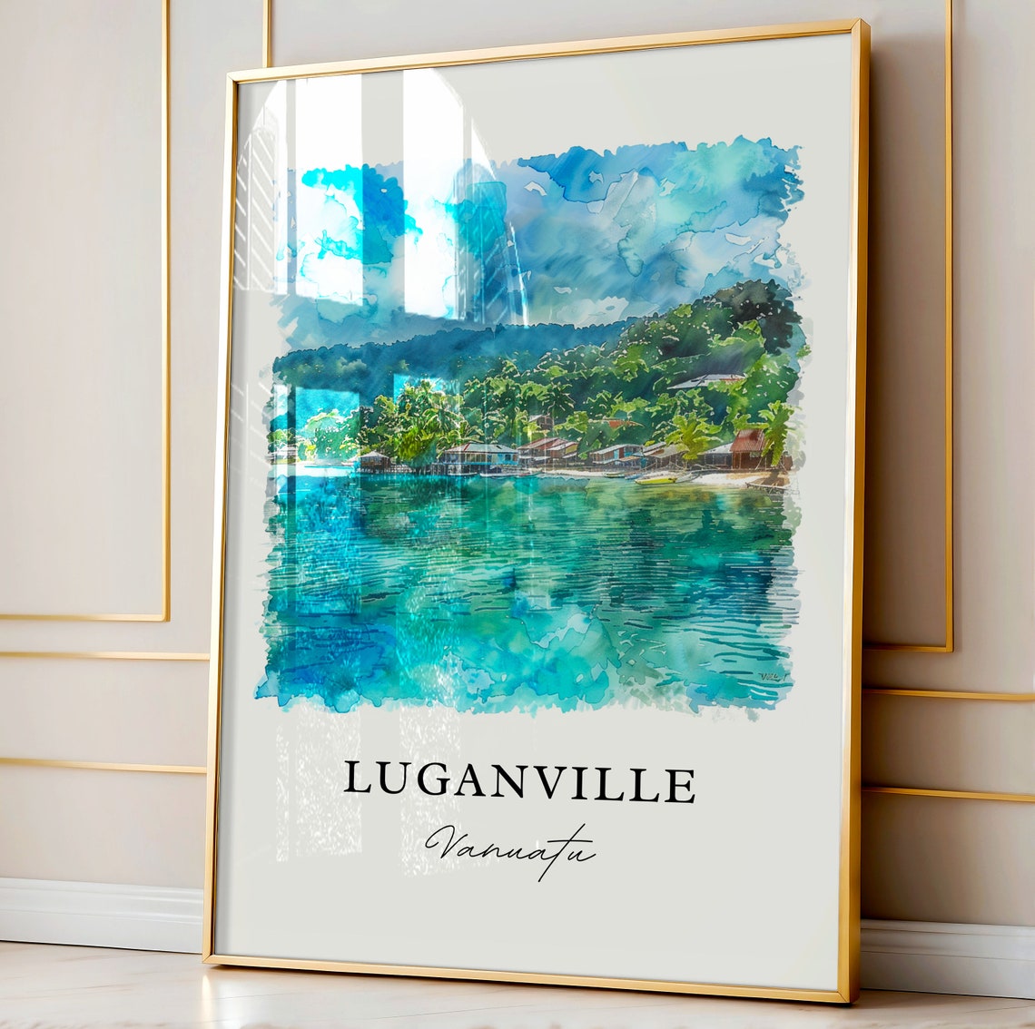 Luganville Vanuatu Turquoise Lagoon Village Watercolor Art Print - Image 4