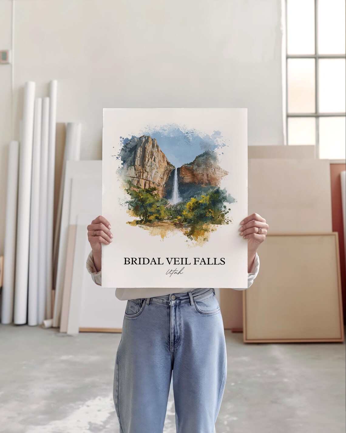 Bridal Veil Falls Utah Provo Canyon Waterfall Watercolor Travel Poster - Image 5