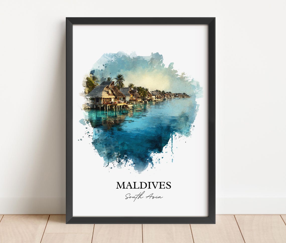Maldives South Asia Overwater Bungalows Lagoon Watercolor Poster - Image 5