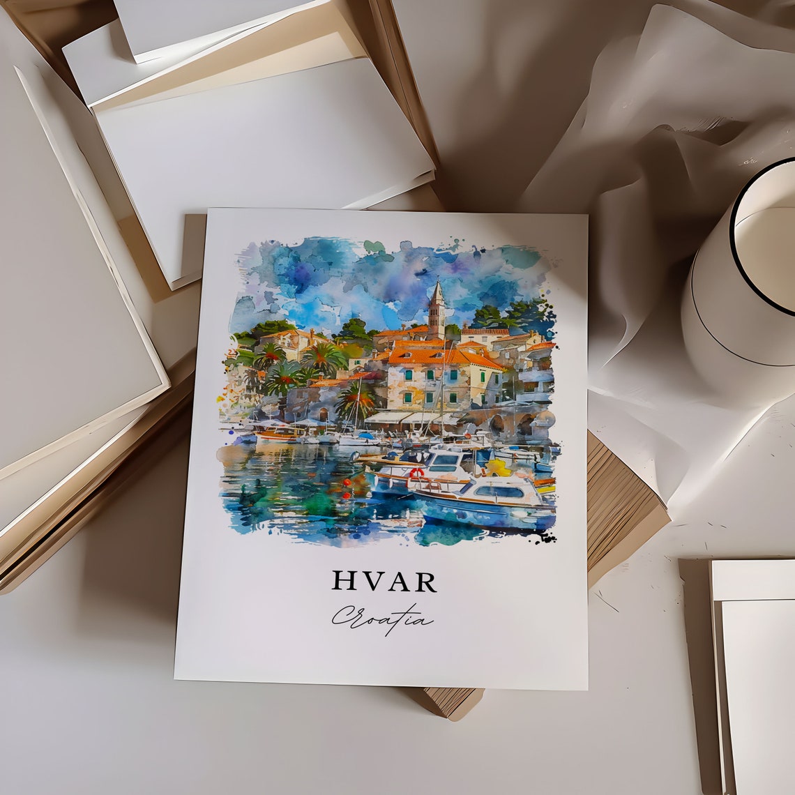 Hvar Croatia Marina Boats Watercolor Minimalist Travel Poster - Image 6