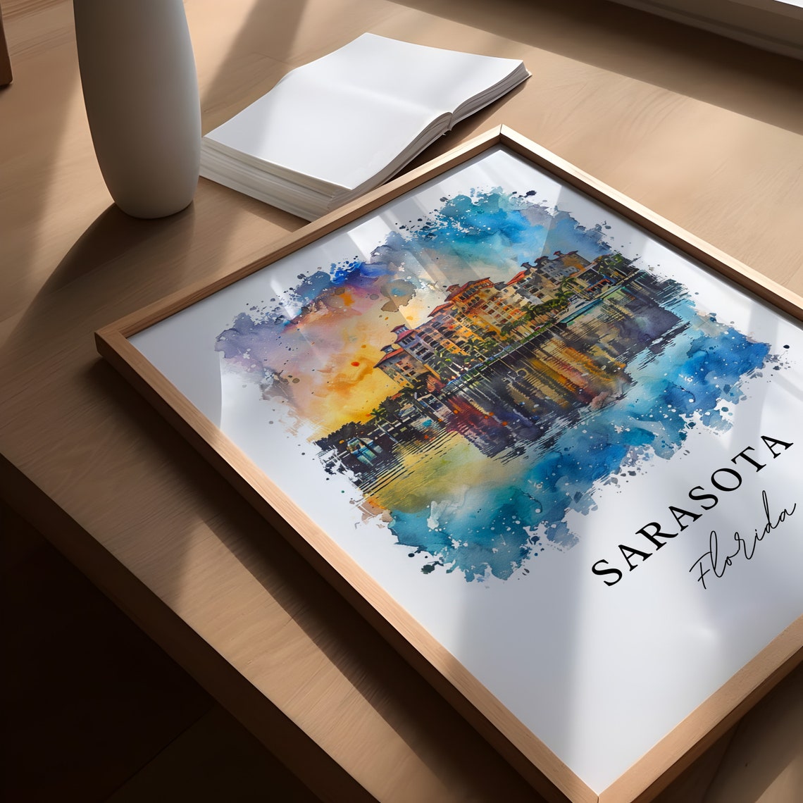 Sarasota Florida Waterfront Sunset Skyline Watercolor Travel Poster - Image 5
