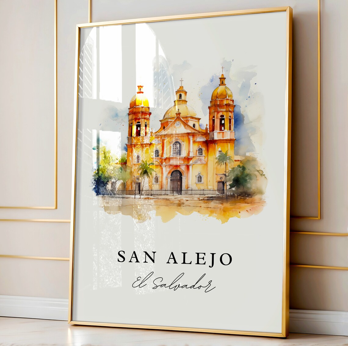 San Alejo El Salvador Golden Church Watercolor Travel Poster - Image 4
