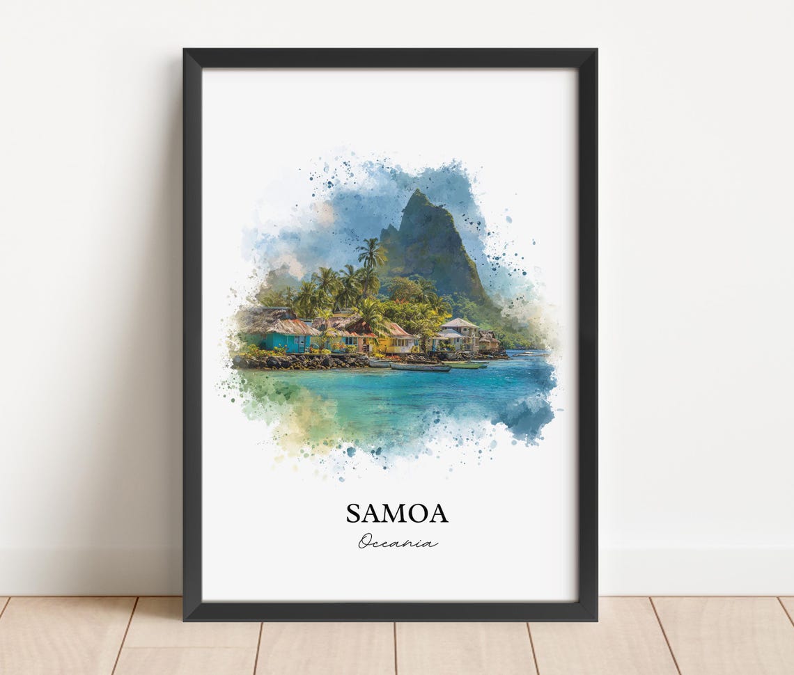 Samoa Oceania Village Palm Trees Mountain Watercolor Art Poster - Image 3