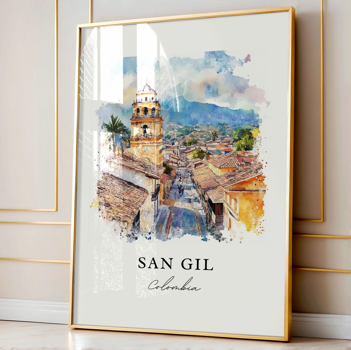 San Gil Colombia Bell Tower Terracotta Roofs Watercolor Poster - Image 3