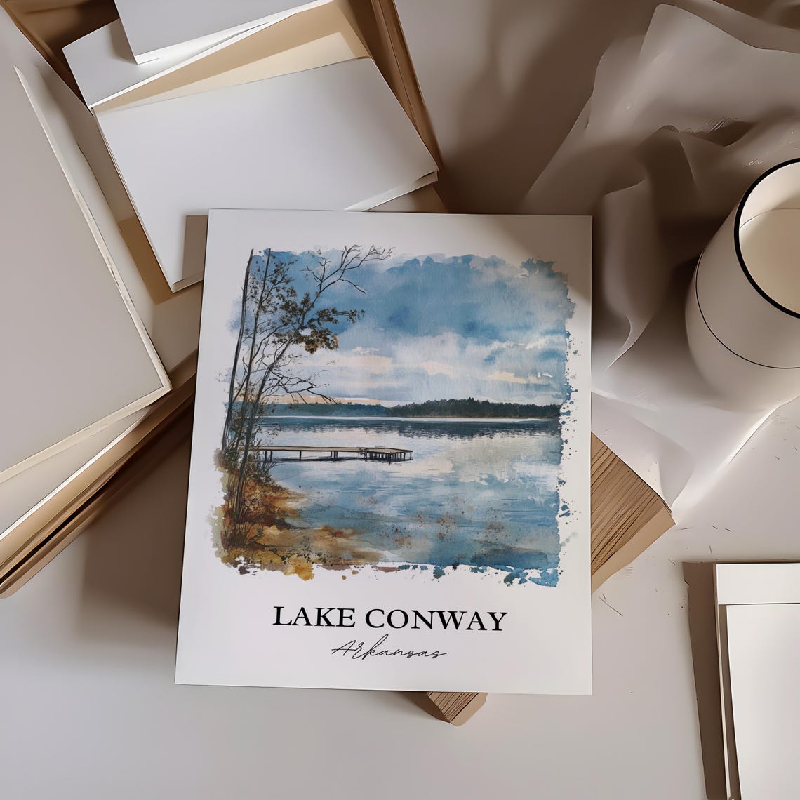 Lake Conway Arkansas Wooden Dock Autumn Watercolor Lake Poster - Image 4