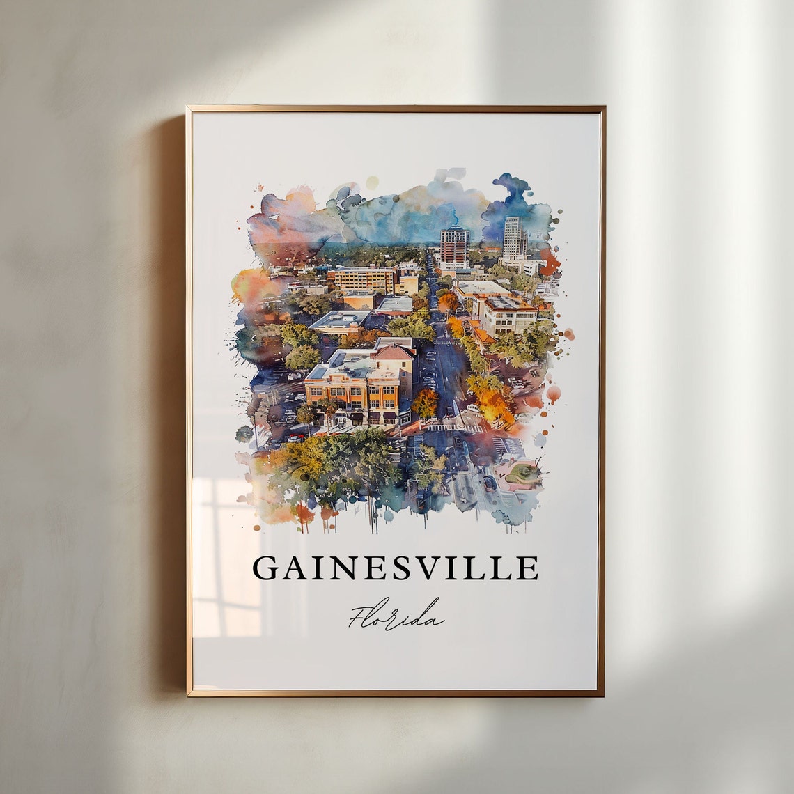 Gainesville Florida Watercolor Downtown Aerial City Streets Poster