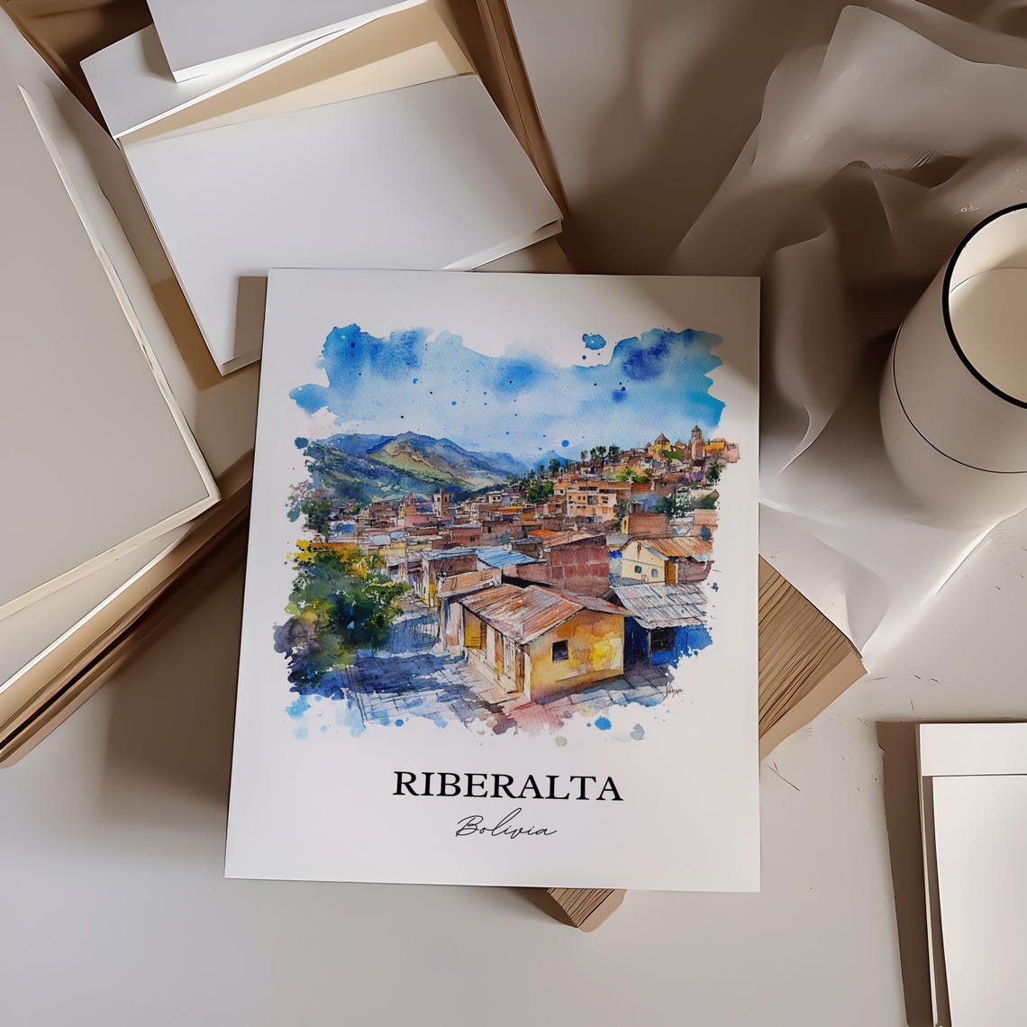 Riberalta Bolivia Watercolor Rustic Houses Hillside Town Poster - Image 2