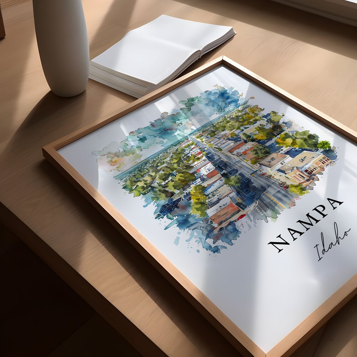 Nampa Idaho Watercolor Downtown Aerial Main Street View Poster - Image 5