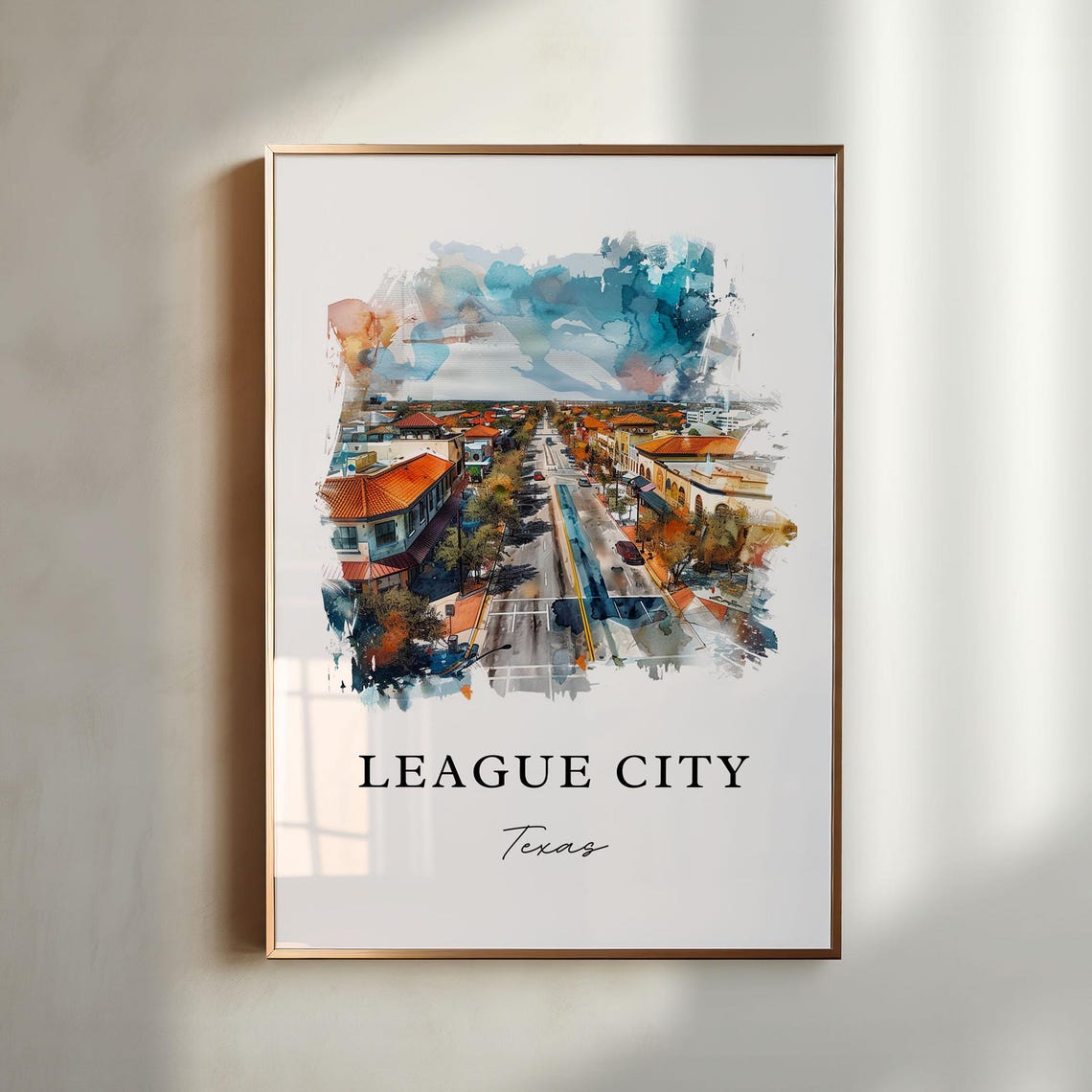 League City Texas Watercolor Aerial Main Street View Scene Poster