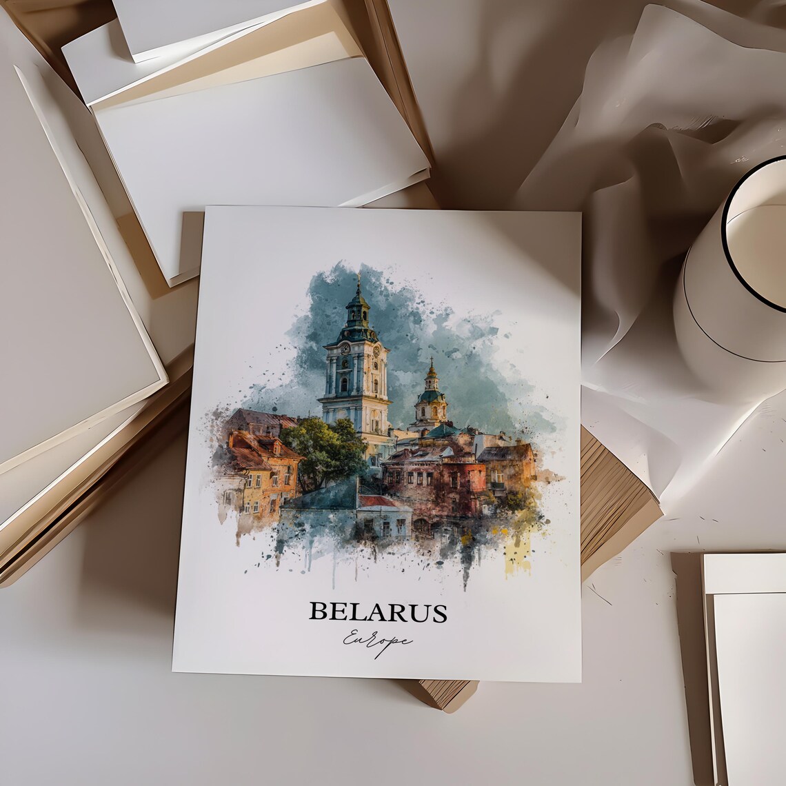 Belarus Europe Historic Old Town Church Tower Watercolor Poster - Image 3