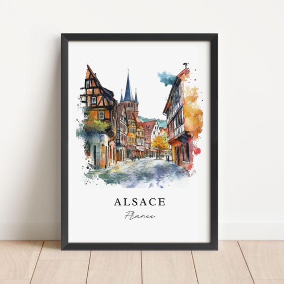 Alsace France Watercolor Travel Poster, Rhine River