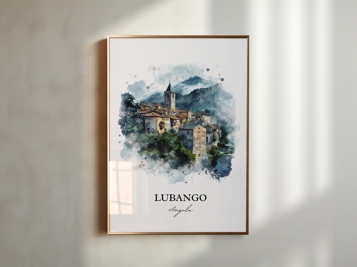 Lubango Angola Hillside Village Church Watercolor Travel Poster - Image 3