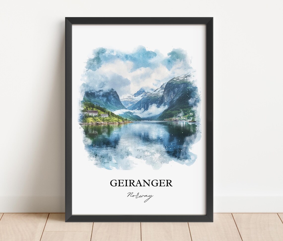 Geiranger Norway Watercolor Fjord Mountains Lake View Poster - Image 2
