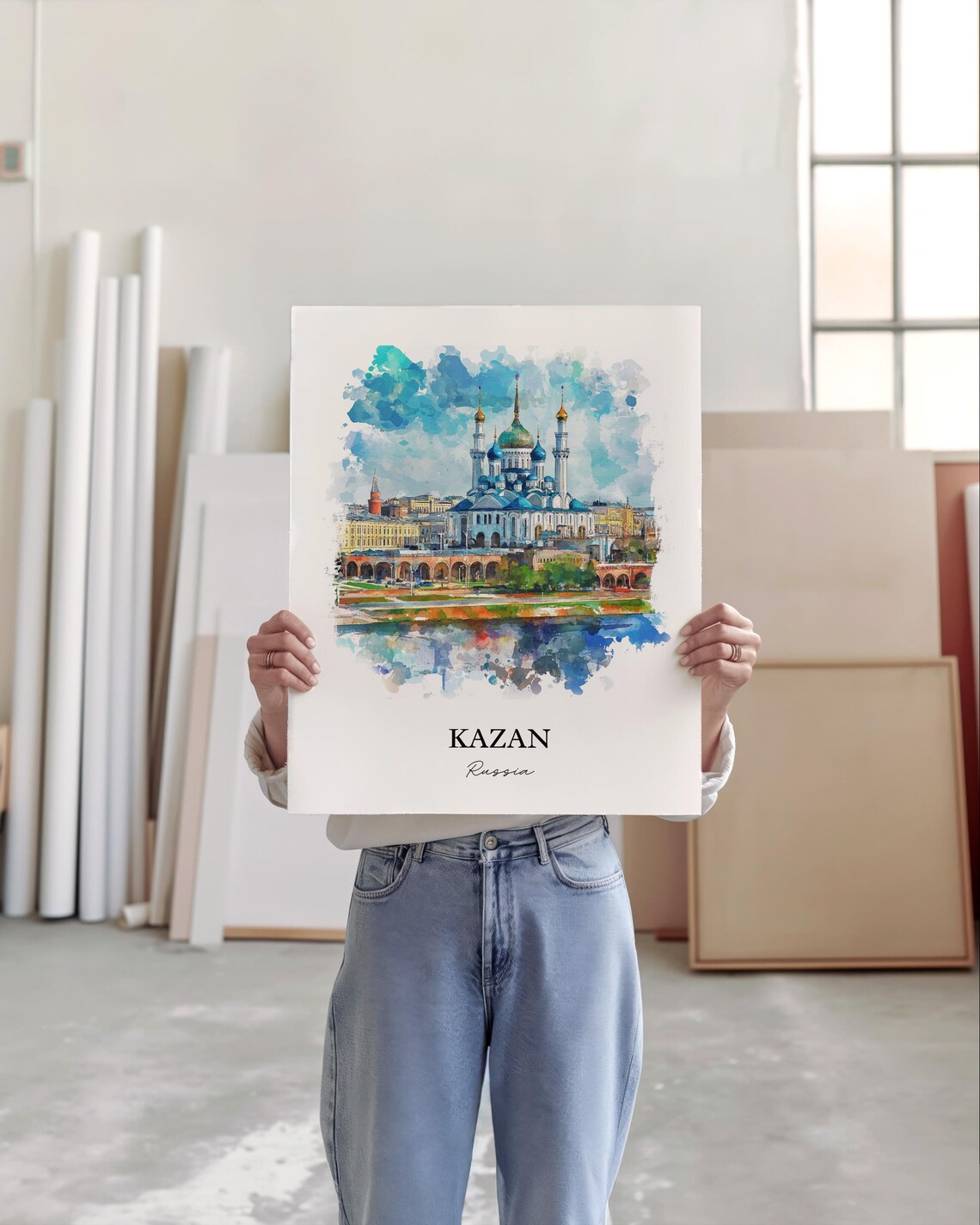 Kazan Russia Watercolor Mosque Minarets River View Travel Poster - Image 2
