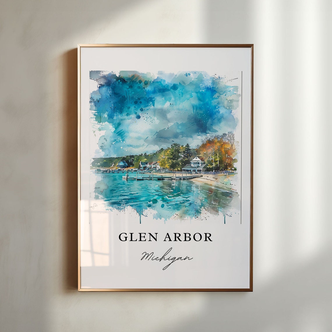 Glen Arbor Michigan Watercolor Marina Bay Autumn Shore Print