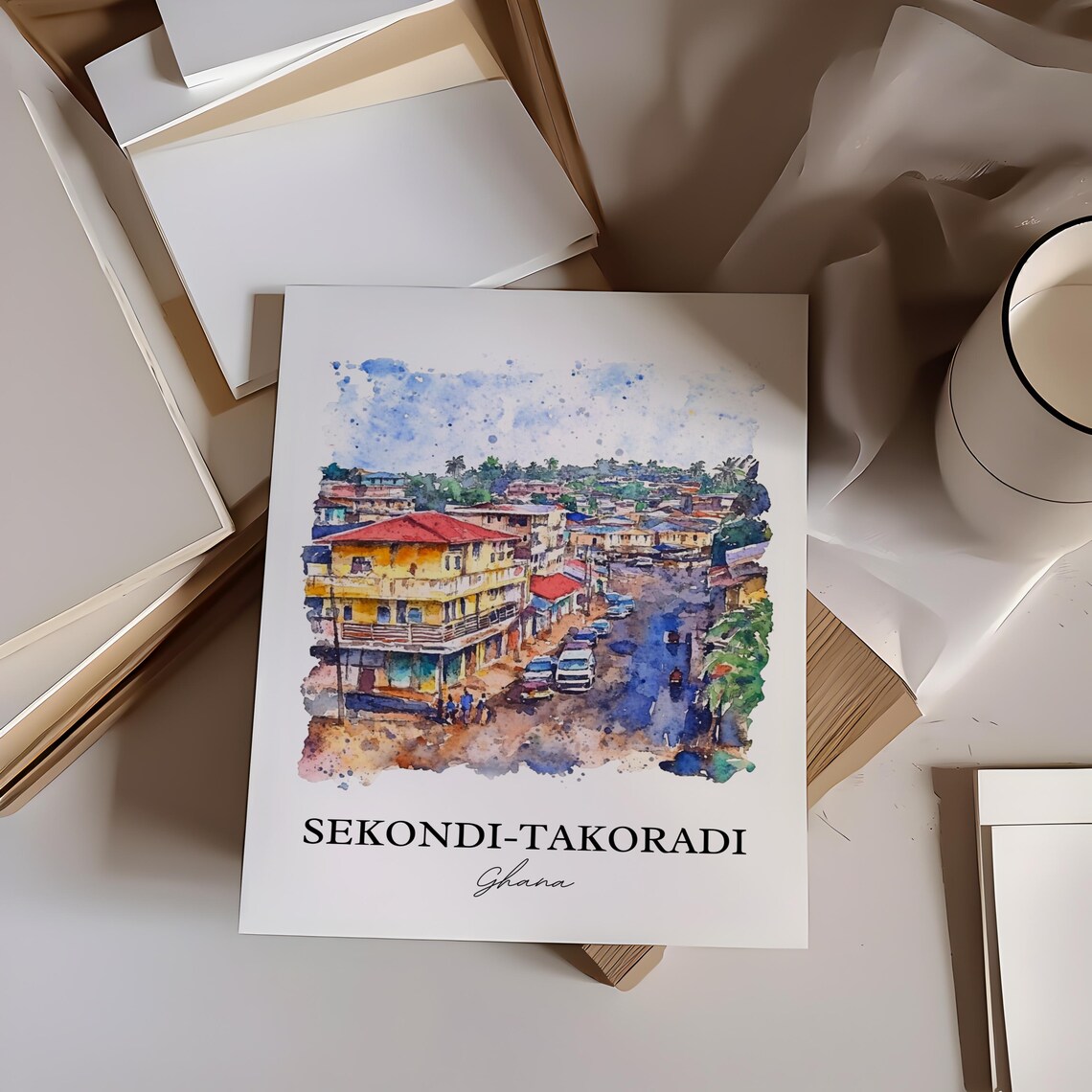 Sekondi-Takoradi Ghana Bustling Street Market Watercolor Poster - Image 2