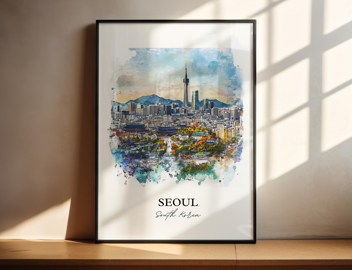 Seoul South Korea Watercolor N Tower Cityscape Travel Poster