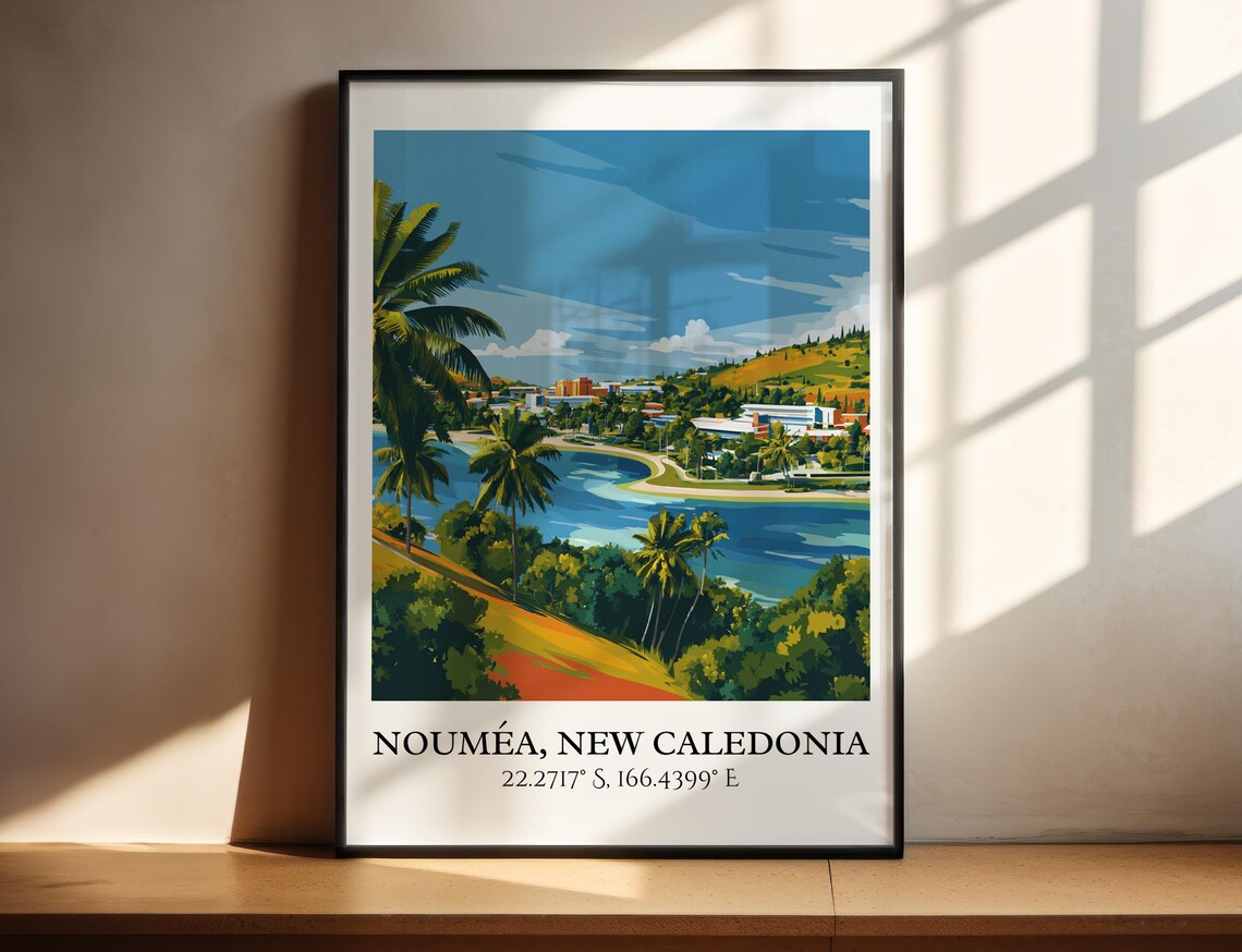 Noumea New Caledonia Palm Bay Tropical Coast Retro Travel Poster