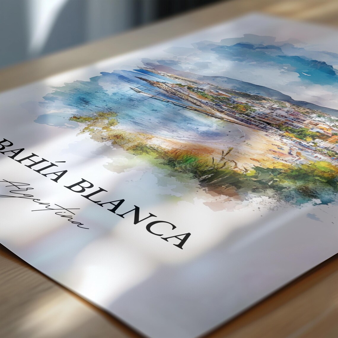 Bahia Blanca Argentina Watercolor Curved Bay Beach Scene Poster - Image 6