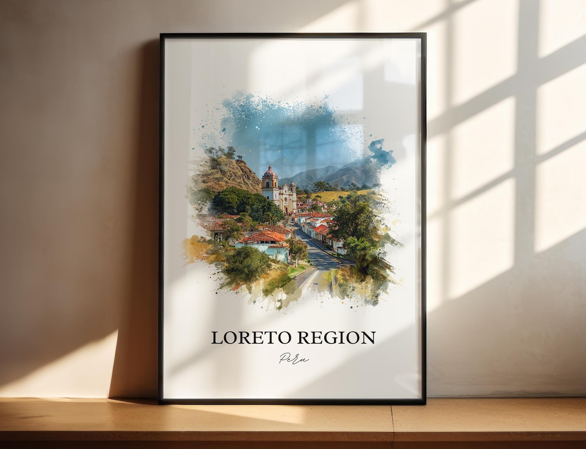 Loreto Region Peru Vibrant Watercolor Colonial Town Travel Poster