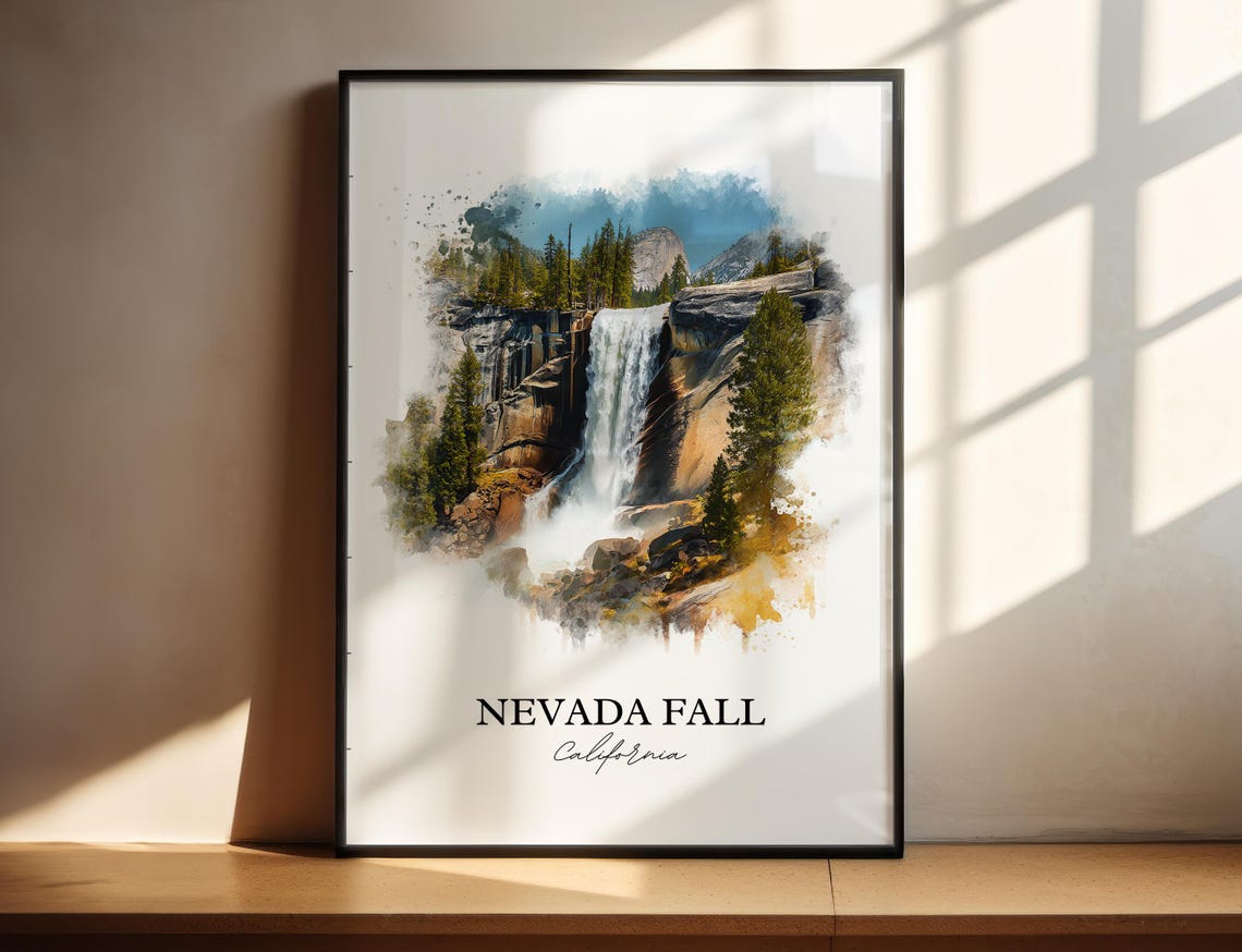 Nevada Fall California Granite Cliff Wide Waterfall Watercolor Poster