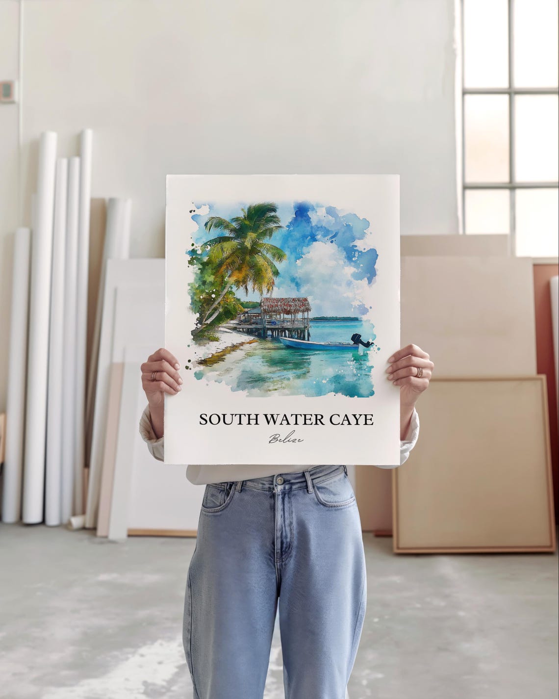 South Water Caye Belize Beach Hut Watercolor Tropical Scene Poster - Image 4