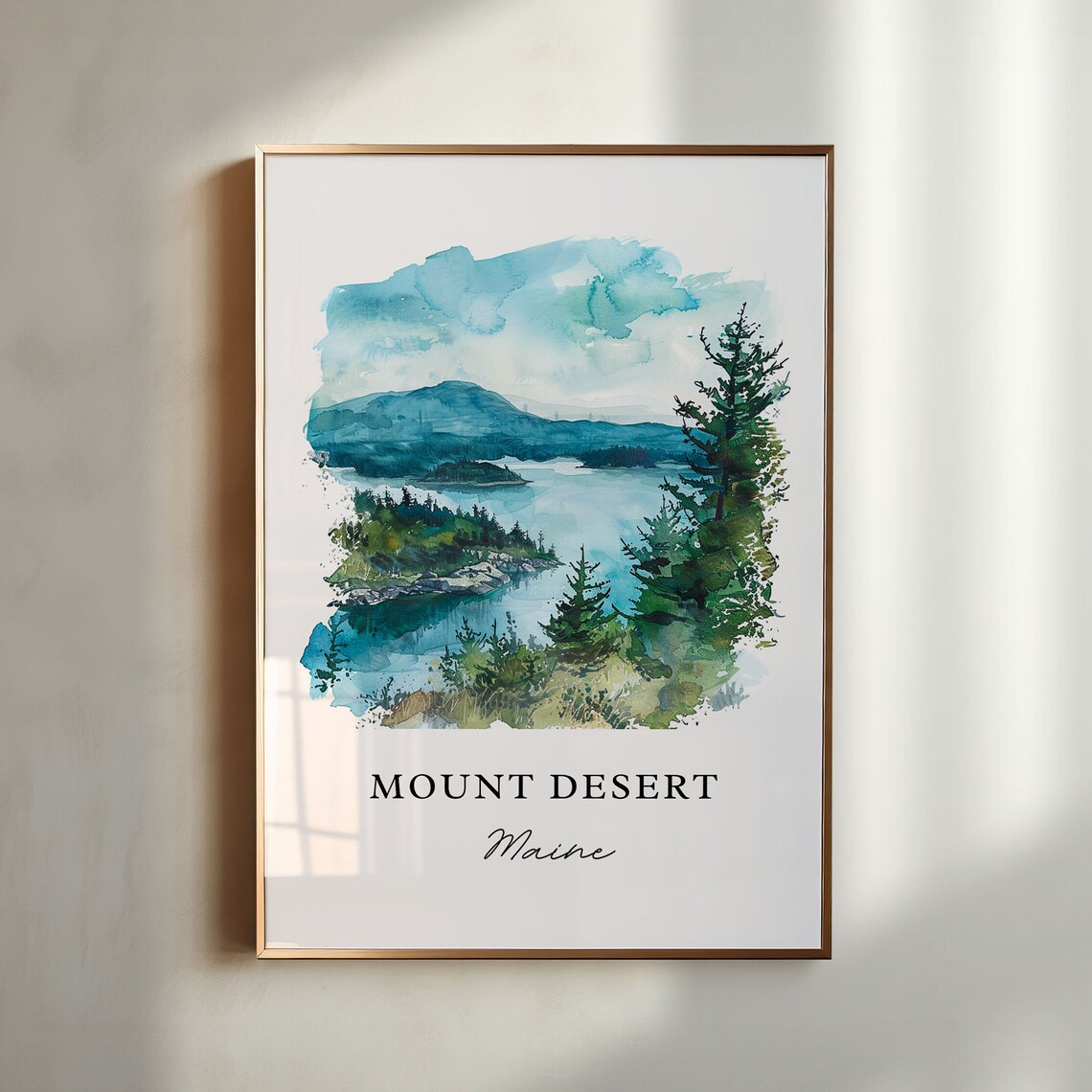 Mount Desert Maine Coastal Mountains Pines Watercolor Travel Poster