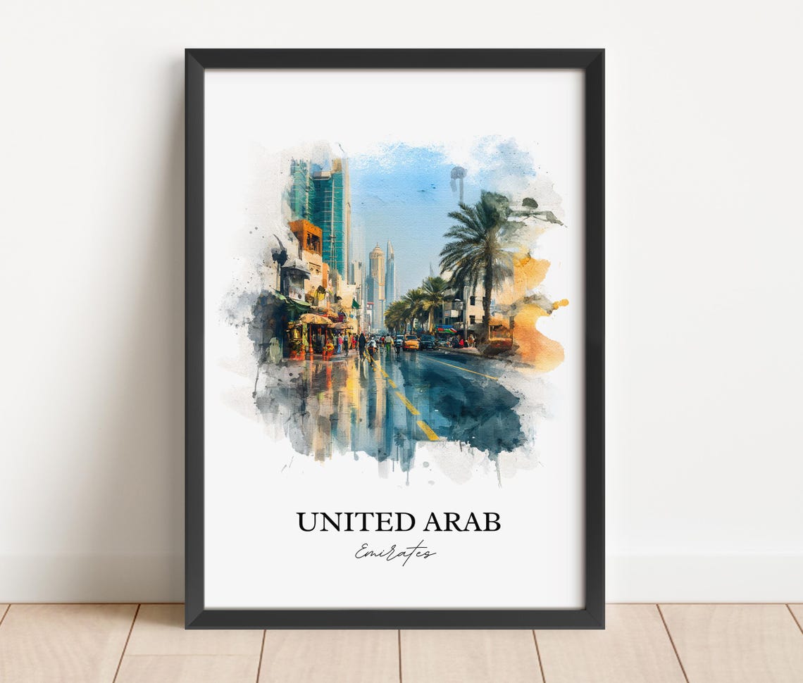 United Arab Emirates Watercolor Art Palm Avenue Skyline Poster - Image 2