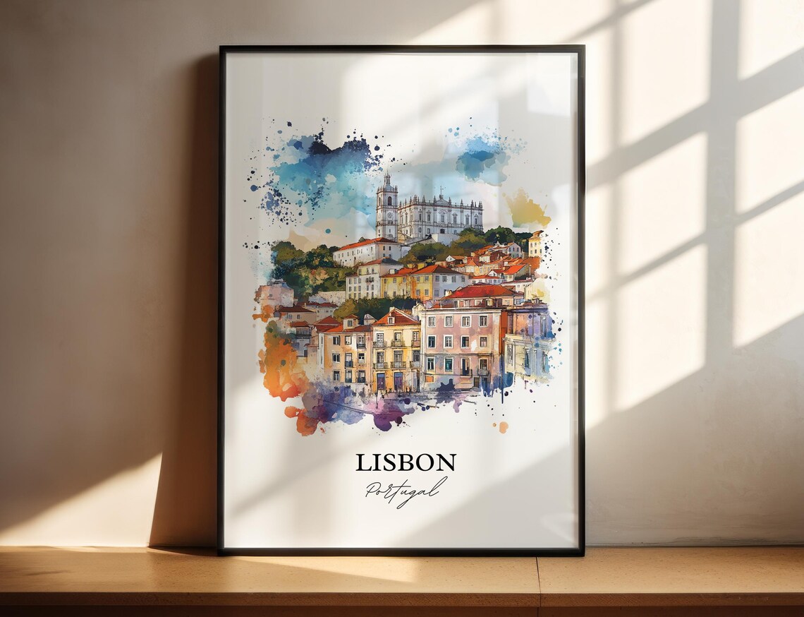 Lisbon Portugal Hillside Alfama Church Watercolor Travel Poster