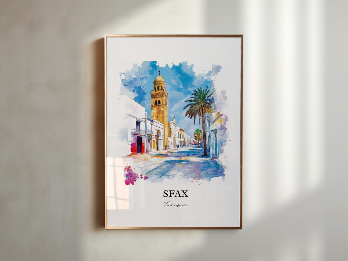 Sfax Tunisia Sunny Old Medina Street Watercolor Travel Art Poster - Image 6