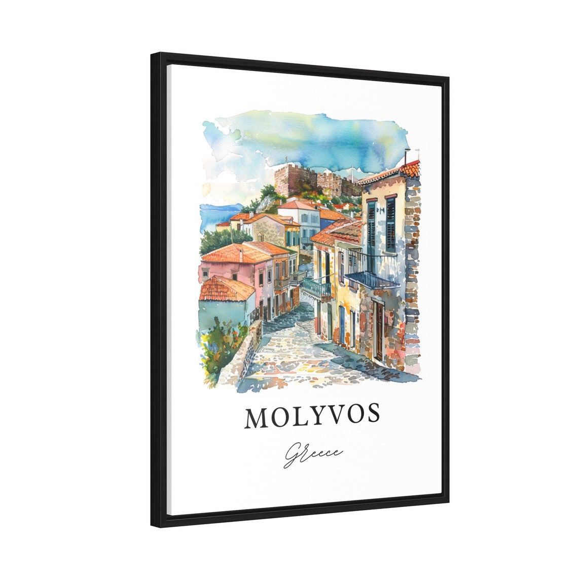 Molyvos Greece Cobblestone Street Castle Watercolor Village Poster - Image 2