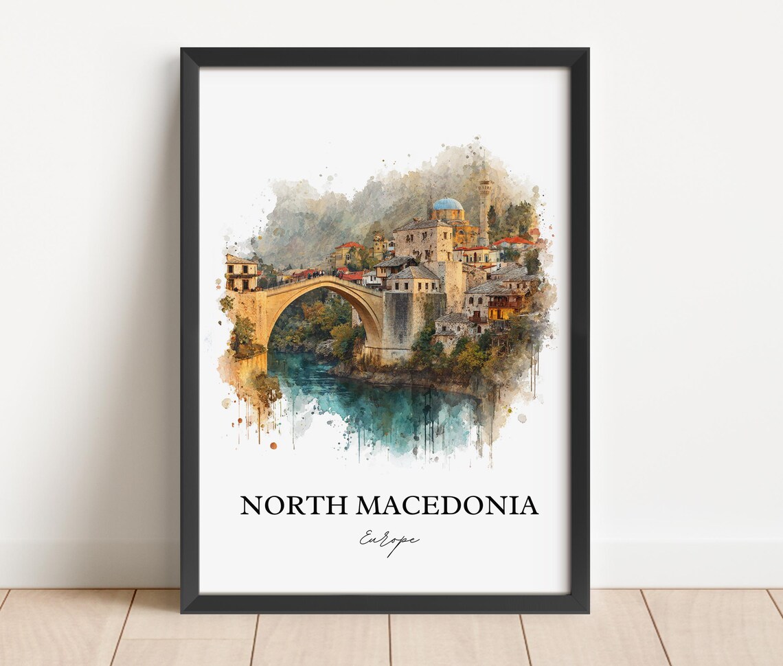 North Macedonia Europe Old Stone Bridge Watercolor Travel Poster - Image 3
