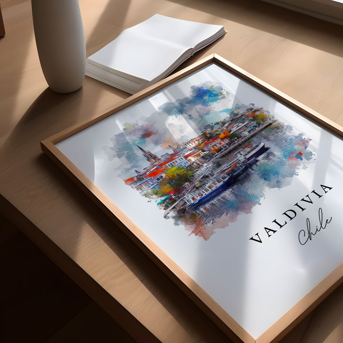 Valdivia Chile River City Boats Harbor Watercolor Travel Poster - Image 5