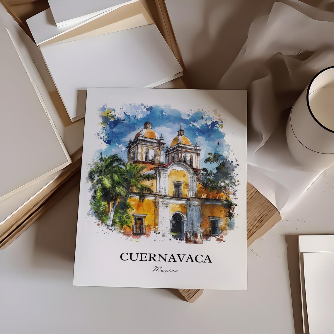 Cuernavaca Mexico Colonial Church Twin Domes Watercolor Poster - Image 3