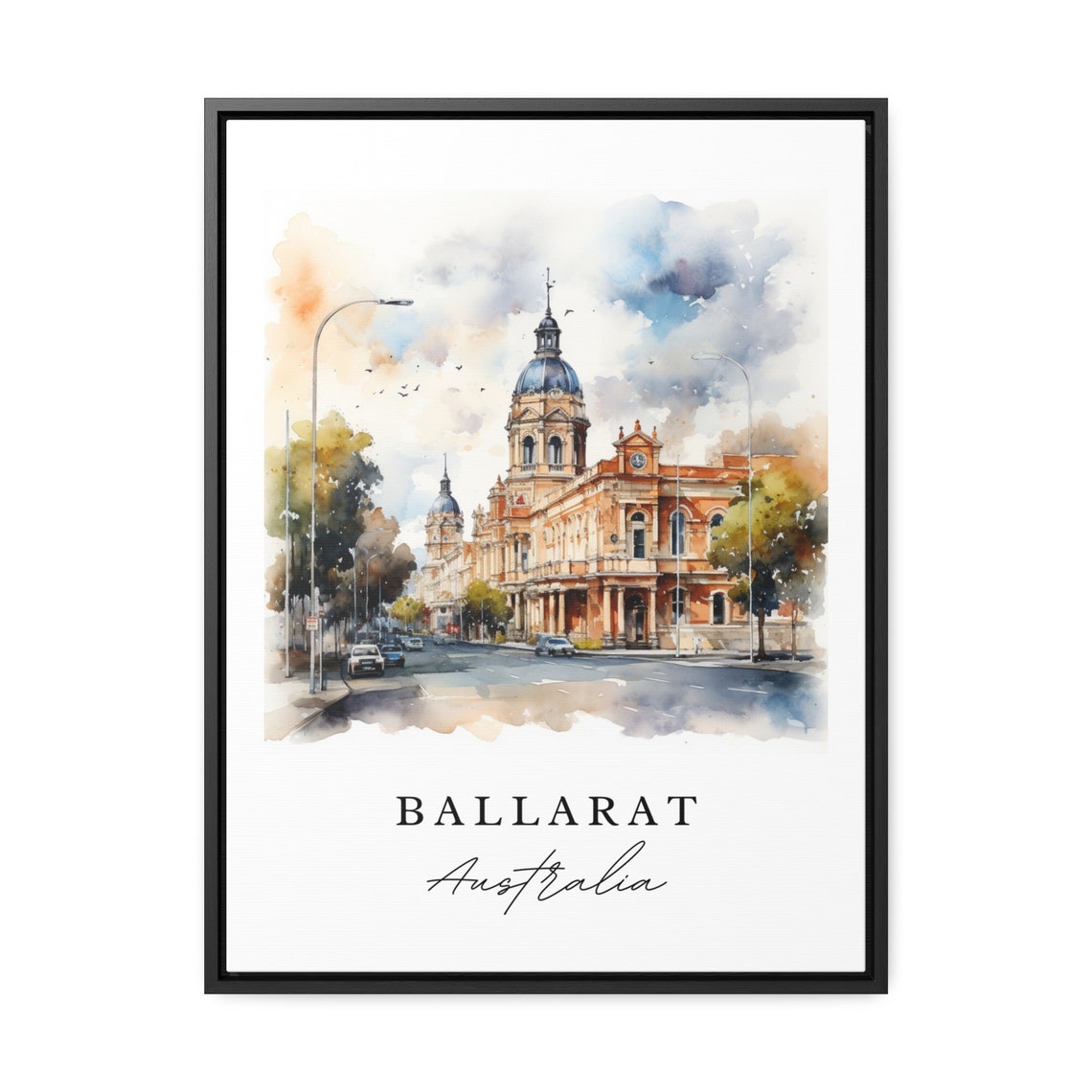 Ballarat Australia Historic Brick Town Hall Watercolor Art Poster