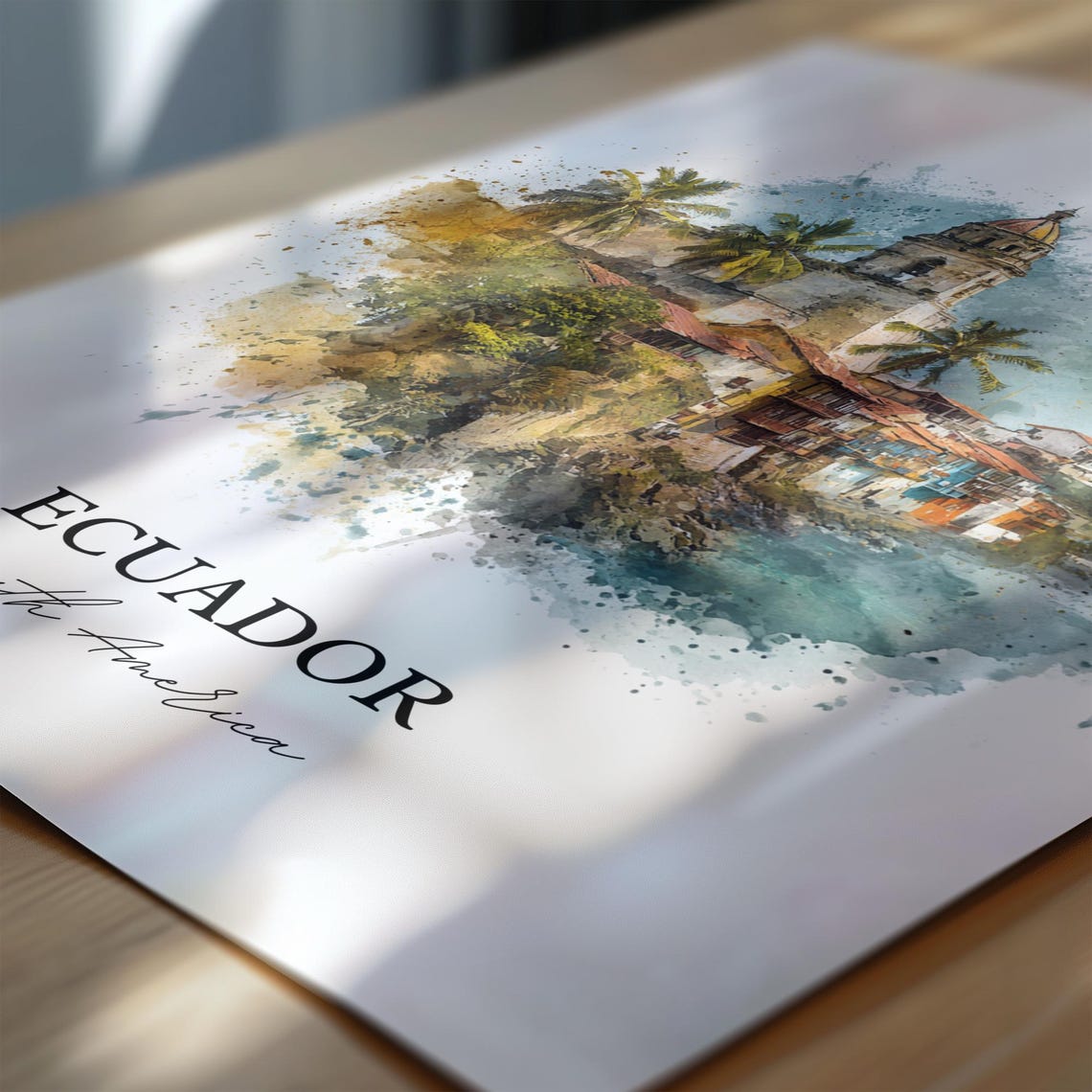 Ecuador Watercolor Coastal Village Hilltop Church Travel Poster - Image 6