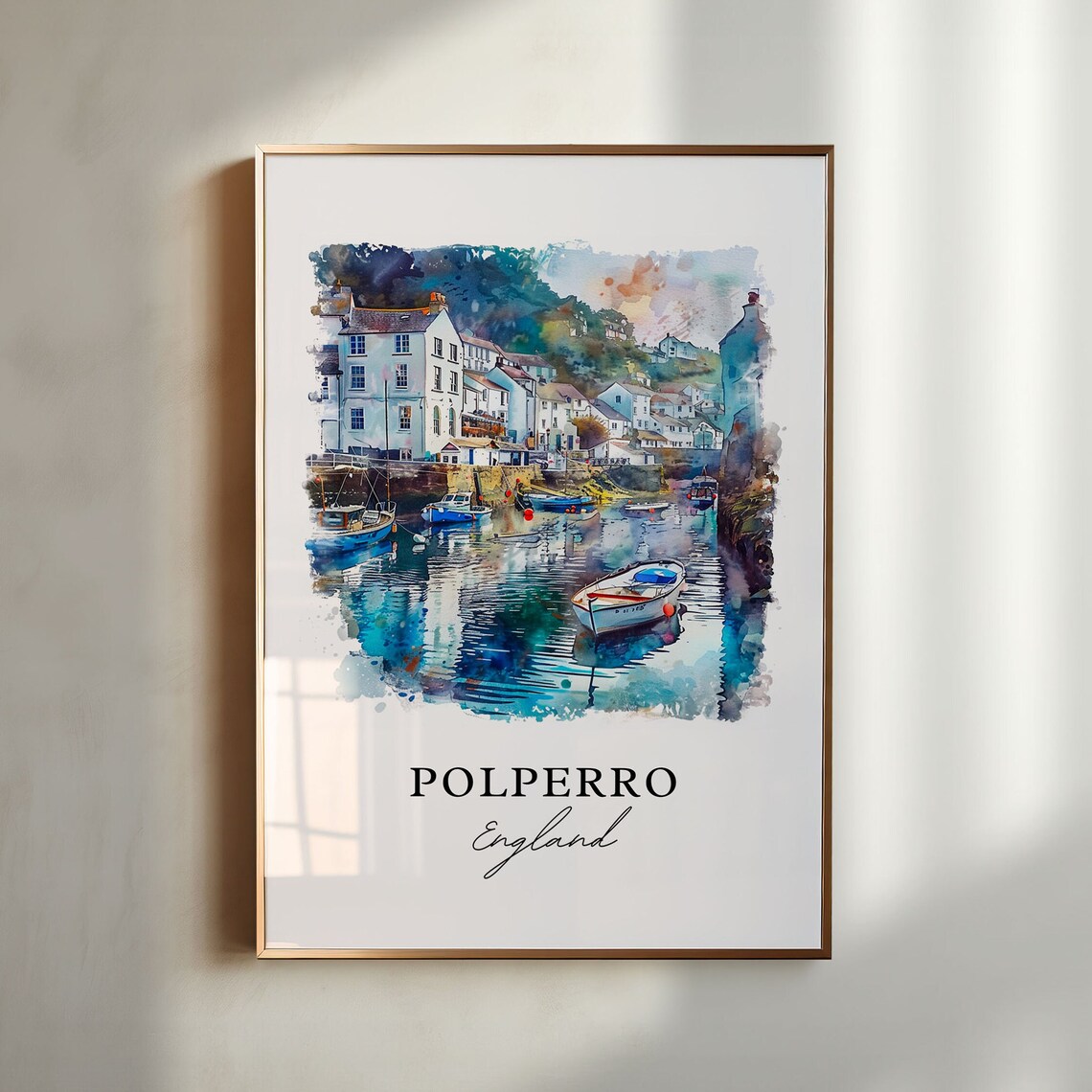 Polperro England Watercolor Fishing Village Harbor Travel Poster