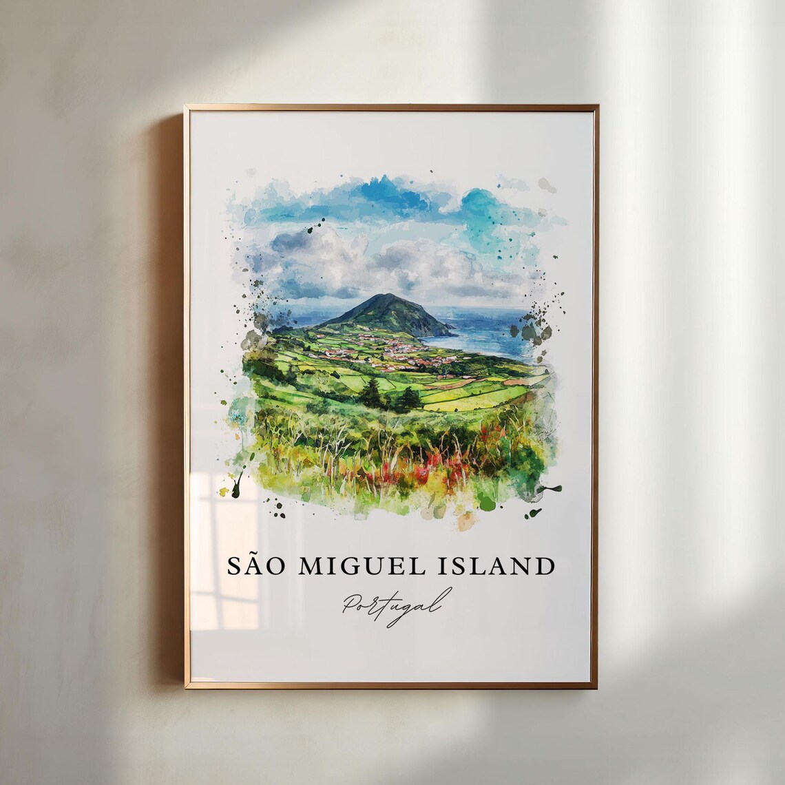 Sao Miguel Island Portugal Watercolor Green Hills Coast Poster