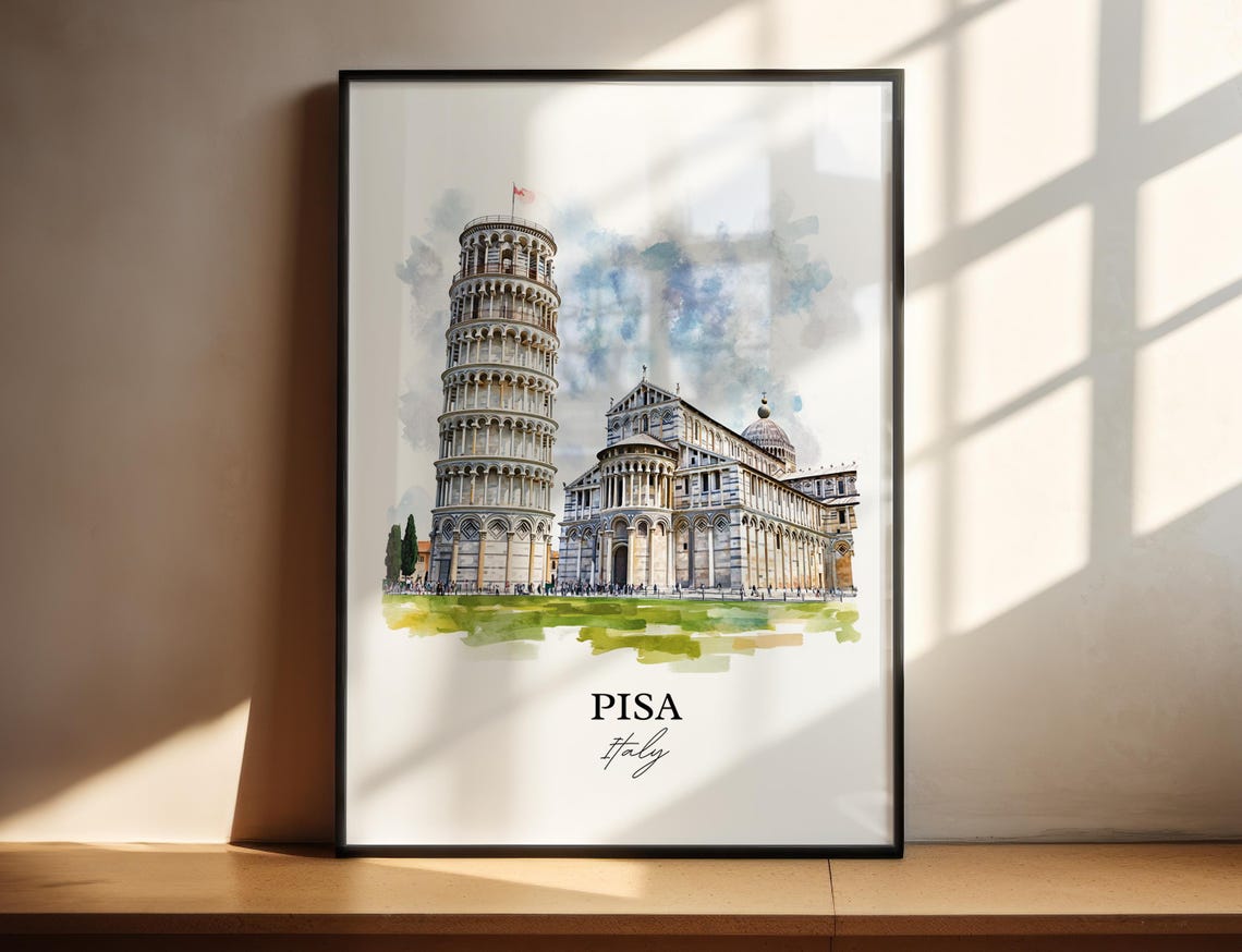 Pisa Italy Leaning Tower Cathedral Watercolor Landmark Travel Poster