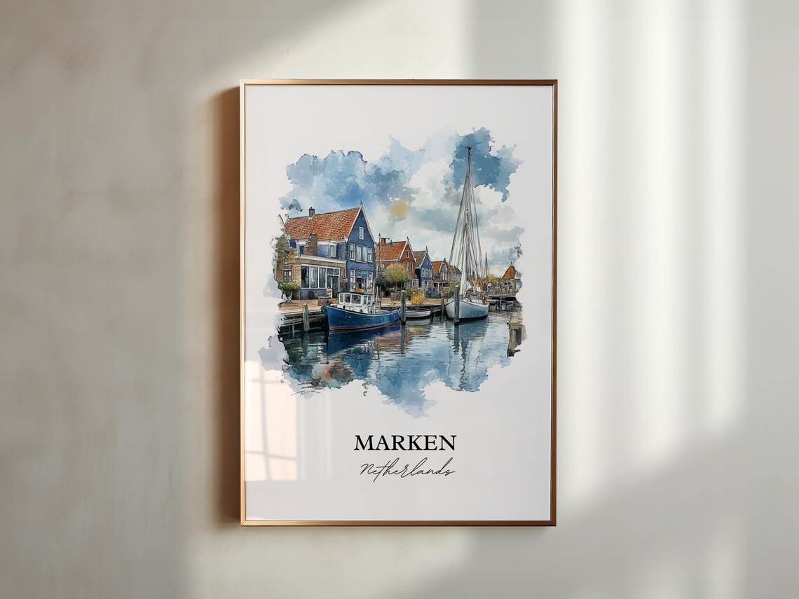 Marken Netherlands Fishing Harbor Boats Watercolor Travel Poster - Image 4