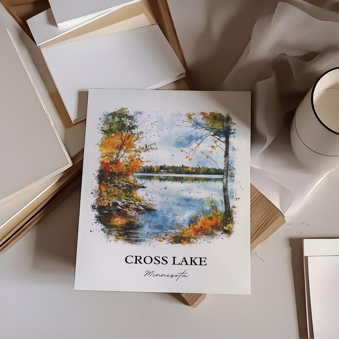 Cross Lake Minnesota Autumn Shoreline Cabin View Watercolor Poster - Image 3