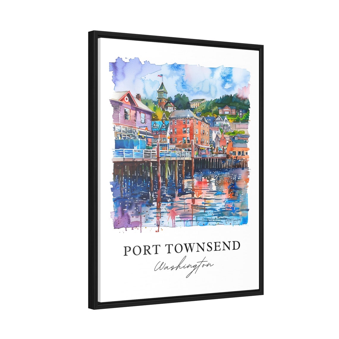 Port Townsend Washington Watercolor Waterfront Pier Scene Poster - Image 2