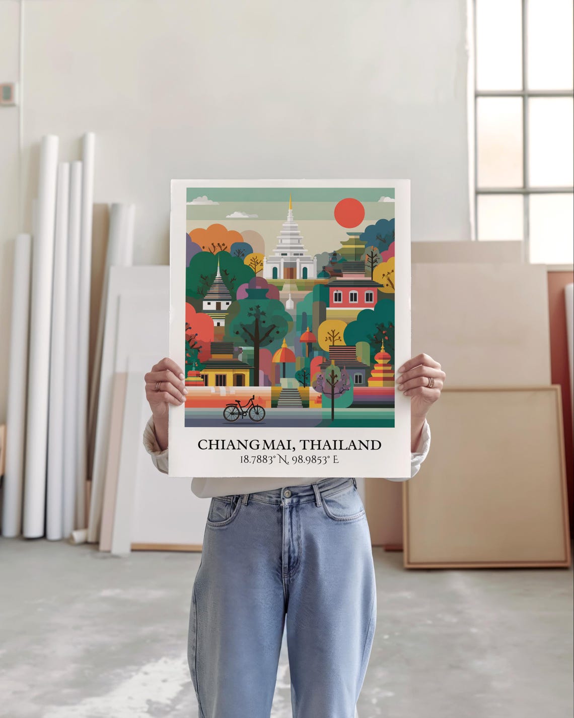 Chiang Mai Thailand Red Sunset Temple Flat Illustration Art Poster - Image 5
